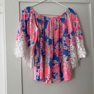 Lilly Pulitzer off the shoulder multi color cotton and lace sleeve